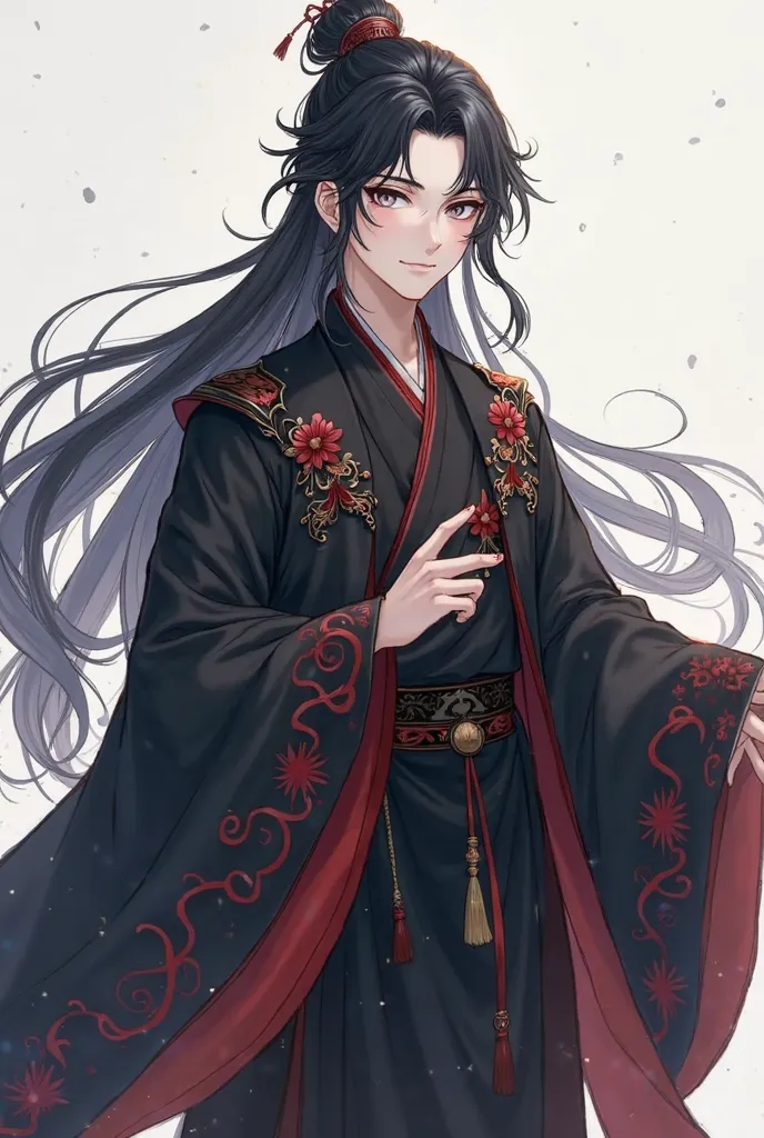 A seventeen year old boy with gray-violet eyes, pale skin and long black hair. The hair is slightly wavy and has a soft, well-groomed appearance. He is dressed in a traditional Chinese hanfu, which looks elegant and majestic. The hanfu itself is black, has...