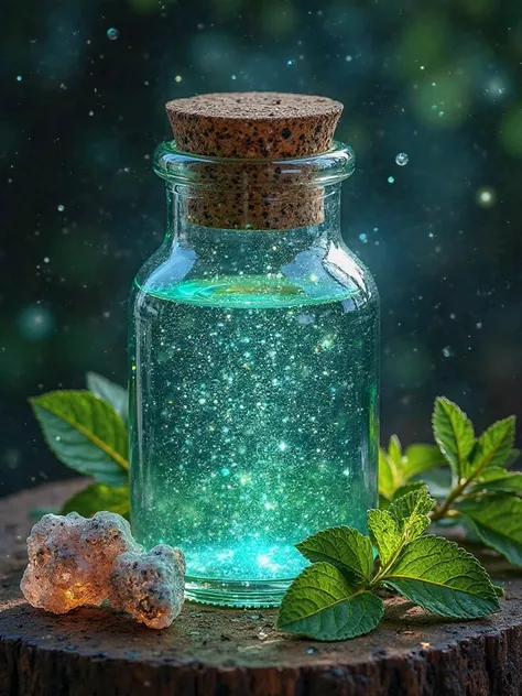 Imagine an ancient glass jar, filled with a sparkling liquid in shades of blue and green, surrounded by herbs, crystals and alchemical symbols. The image conveys the idea of a powerful and mystical remedy, capable of transforming the body and health