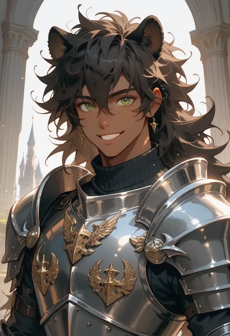 (Cowboy shot), ultra-high quality, very detailed, alone, 1 adult man, brown skin, dark panther ears and panther tail, messy hair, lengthy dark hair, head slightly tilted, extremely detailed eyes, green eyes, smiling slightly, knight, full knight armour, fu...