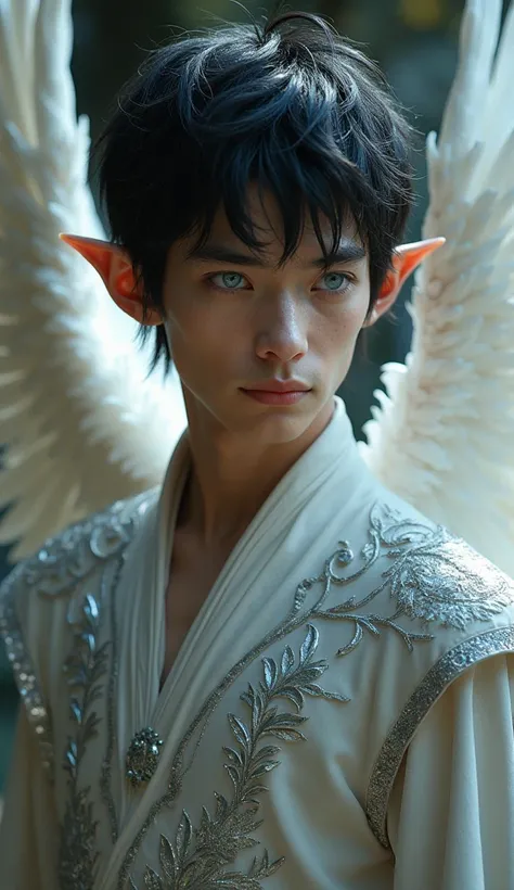 An elven man with short, messy black hair and a pair of large pure white feathered angel wings on his back. He has piercing blue eyes and pointed ears. He wears a regal gown with intricate silver embroidery. His expression is calm, mysterious, and slightly...