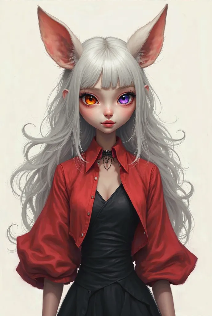 A girl with long, wavy silver hair, big ears, one orange eye and the other purple, wearing a big red shirt and a black dress underneath, . The dress has a long neckline wrapped around the neck. 