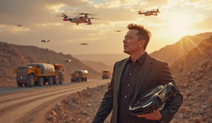 Musk's image must convey innovation and ambition, with Musk in the foreground, looking at vast lithium mines and carrying a futuristic electric car battery model. In the background, trucks and mining machines operate,  as drones fly over the area , symboli...