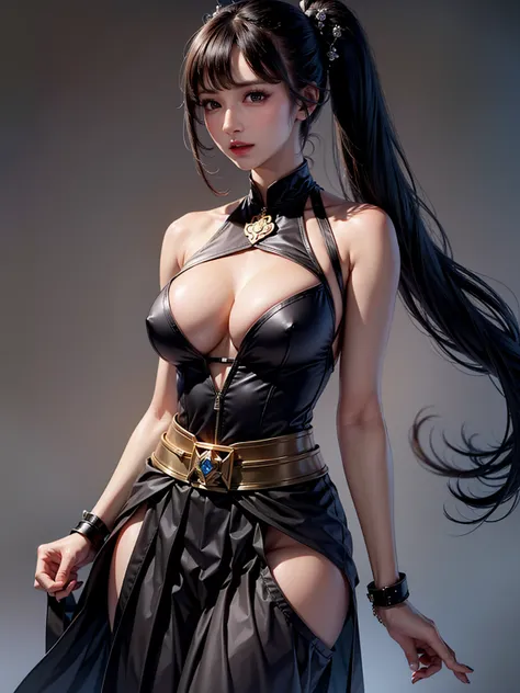 (Masterpiece :1.2, best quality ), beautiful illustrations , (natural side lighting, movie lighting), is putting her hand on her lower back,purple and black panties,Women with male genitals,(((pleated skirts that blow out))) ,a woman wearing black armor an...