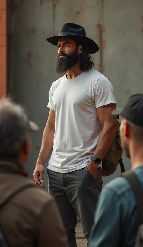  Man with a black long hair and beard with black hat and bag with clean t shirt man teaching in stage in front of homeless people