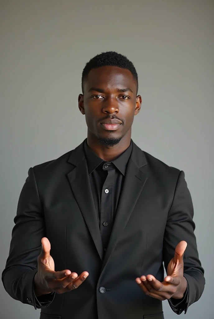 Young black man a bit old, well-groomed with short hair, Presenting a show , Sitting in front of the camera