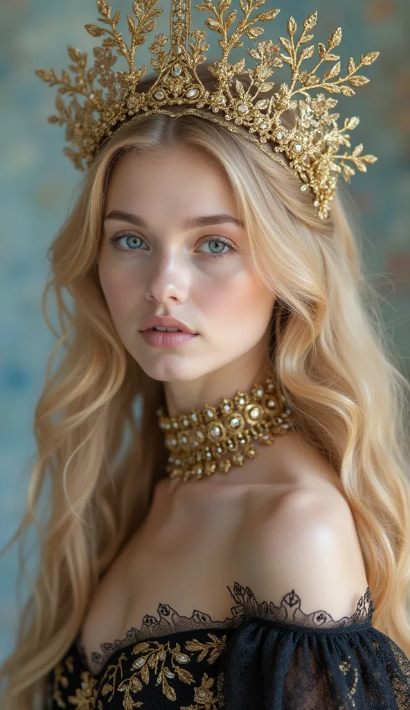 A stunning portrait of a young woman with delicate, ethereal beauty. She has long, flowing, soft peach-blonde hair that cascades over her shoulders, adorned with an intricate golden lace headdress that extends elegantly with filigree-like details. Her capt...