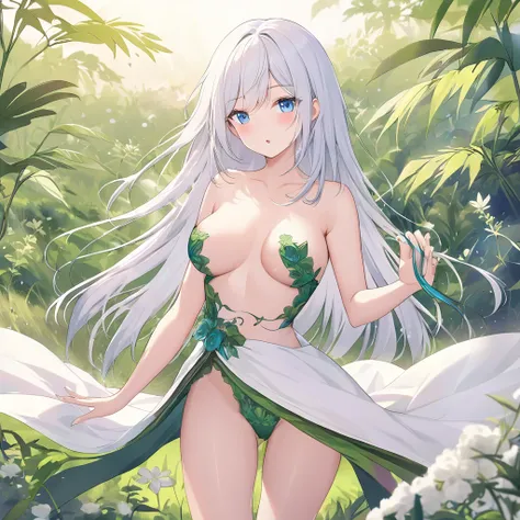 A girl, white hair, blue eyes,  medium breasts, dual personality, Excited lust