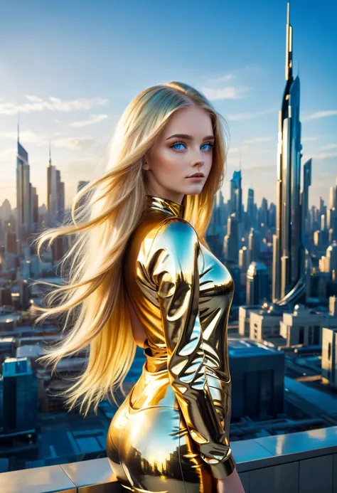 Beautiful 18-year-old woman with full-length metallic gold-colored hair against the backdrop of the city of the future, Blue eyes.