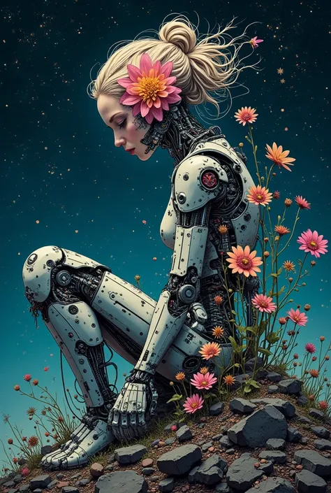  A woman made partly of flowers and partly of microchips. She sits on the remains of a robot, with cyber flowers growing around her. The background is a night sky with digital constellations. The theme is a combination of technology and emotion, fragility ...