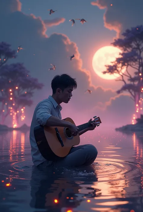 A 30-year-old Indonesian man, short dark hair, sitting on a smoldering puddle of water reflect colorful sky light. He played an acoustic guitar with an emotional expression, as if pouring his feelings into music. The surrounding water rippled smoothly, ref...