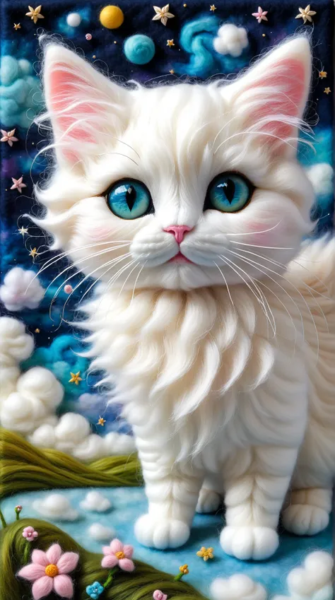 Paintings made of felt 、 sewn onto felt canvas,  Needle Felt Art: 1.5,  Wool Felt Art : 1.5, Kitten masterpiece,  Fairyland , Floating Kitten, Fluffy Clouds, Hairy Cat, innocent and playful Hairy Cat,  dreamy space, intricate details, high detail, high qua...