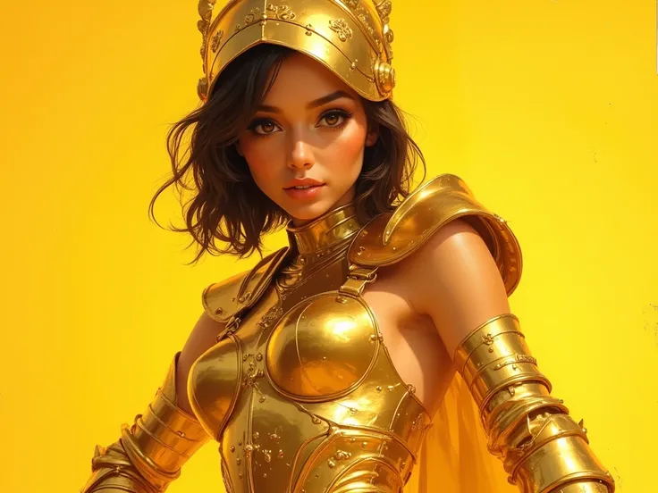 beautiful woman, with light brown skin, wearing shiny yellow golden armour, exposing her body, posing, showing off her muscles, shiny skin, golden helmet, black hair, golden eyes, full body portrait, bright background