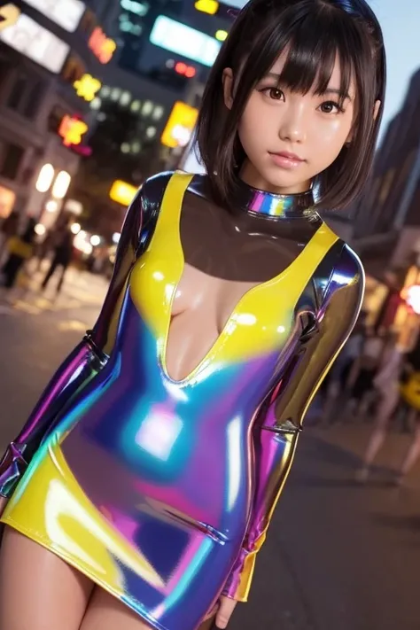  idol 、Age: 、TOP QUALITY、masterpiece、Ultra High Definition、 RAW photos 、(Photorealistic:1.4)、1 girl、very cute、  adorable by design、  shiny dress ,  sexy,( face without makeup:1.3)、 (Super Reflective Latex Polarized Paint Dress:1.7)、 very attractive  、（ sho...