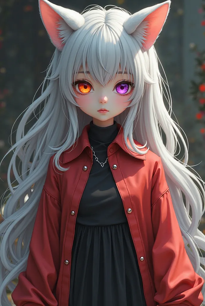 A cute girl with long, wavy silver hair,cat ears, one orange eye and the other purple, wearing a big red shirt and a black dress underneath, . The dress has a long neckline wrapped around the neck. 