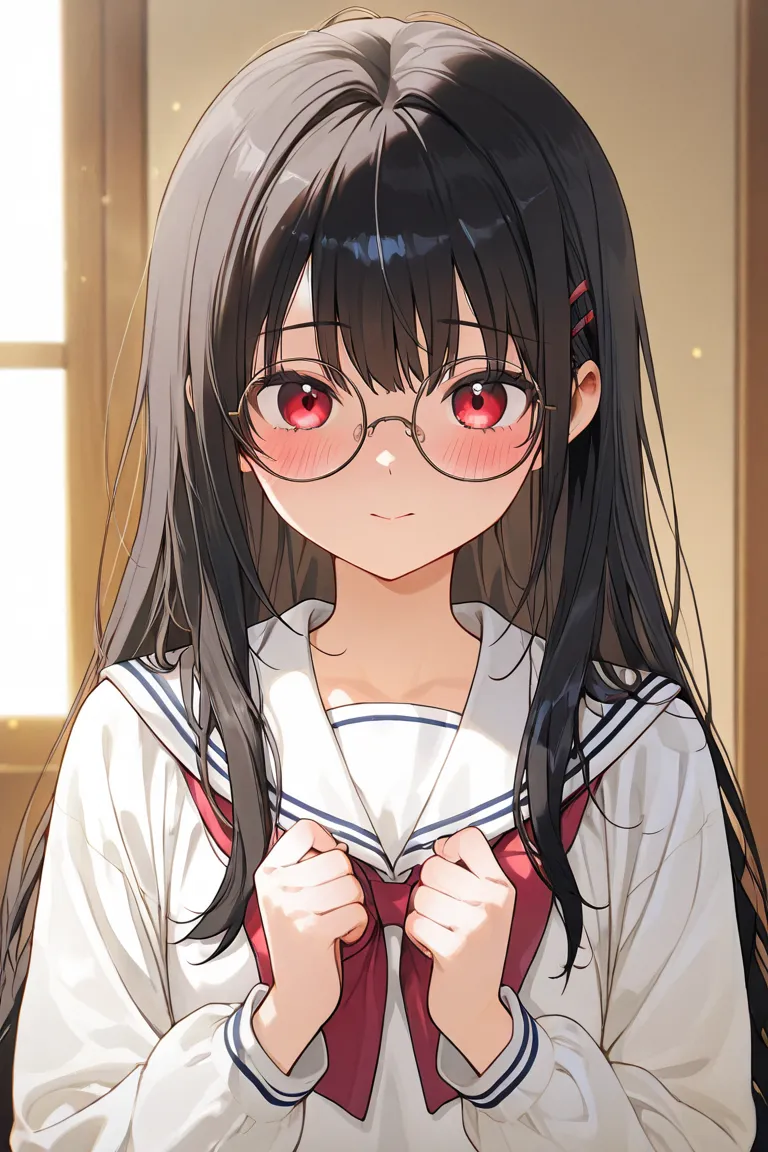 Long black haired woman with red eyes wearing school dress, wearing glasses, shying eyes