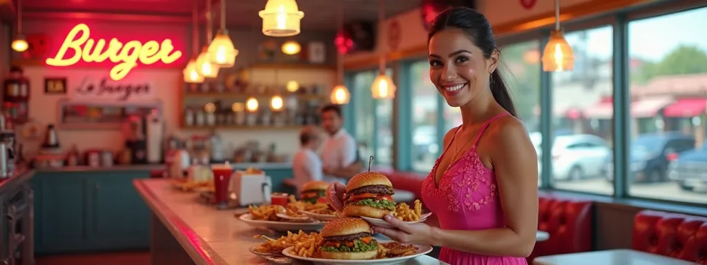 a latin woman in a pink dress serving food in a classic burger bar