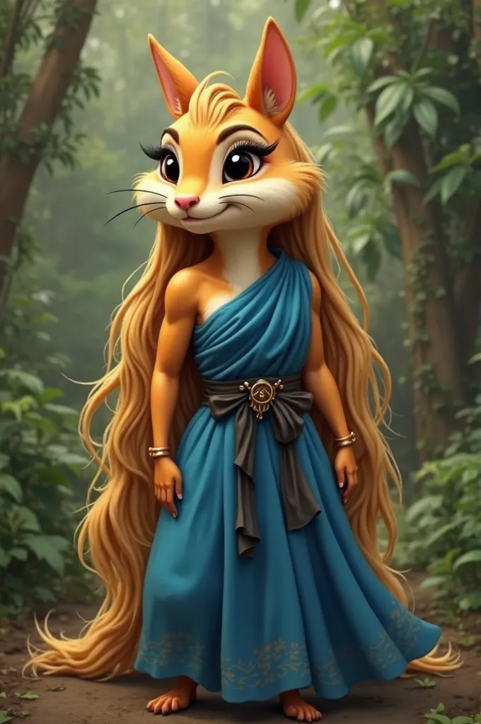 A golden anthropomorphic chipmunk with golden floor-length hair wearing a blue floor-length Greek tunic with a black belt.
Her eyes are black with long eyelashes..
She stands against the backdrop of the jungle.