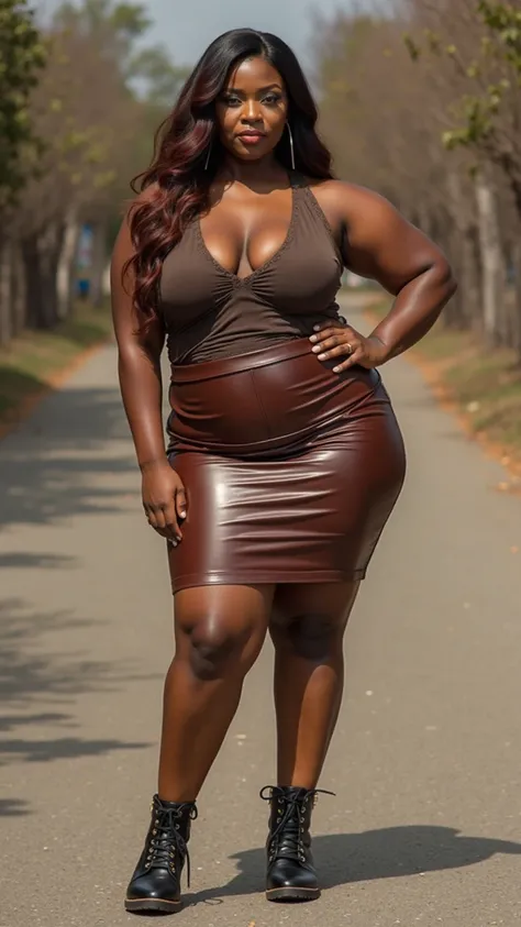 Une black african woman de 50 ans, elle est grande, 1,90 m et pese 90 kg avec des formes généreuses, elle a un physique très athlétique equilibré, elle a une big breast, buste trapu, big round butt, jambes trapues, des hanches trapues. She has long black h...