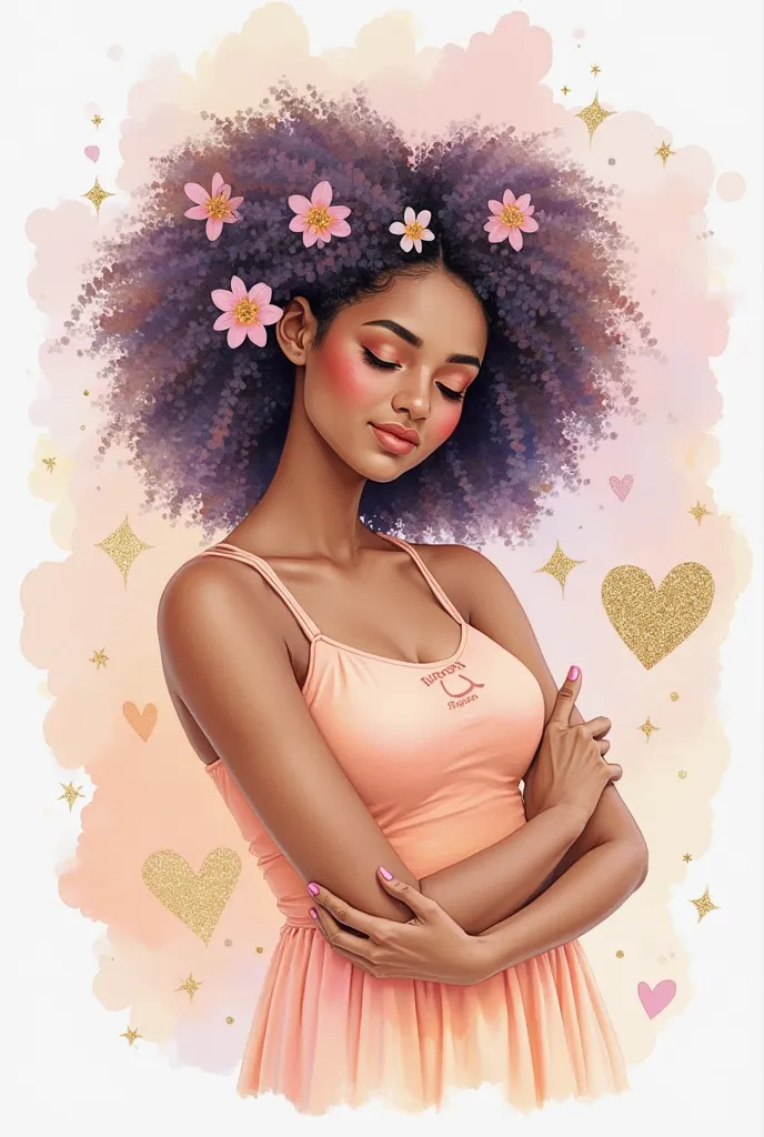 Soft watercolor illustration of a diverse woman embracing herself, with an expression of peace and strength. The image incorporates delicate flowers in her hair, small hearts and golden sparkles. The color palette includes powdery pink, peach, beige, dorad...