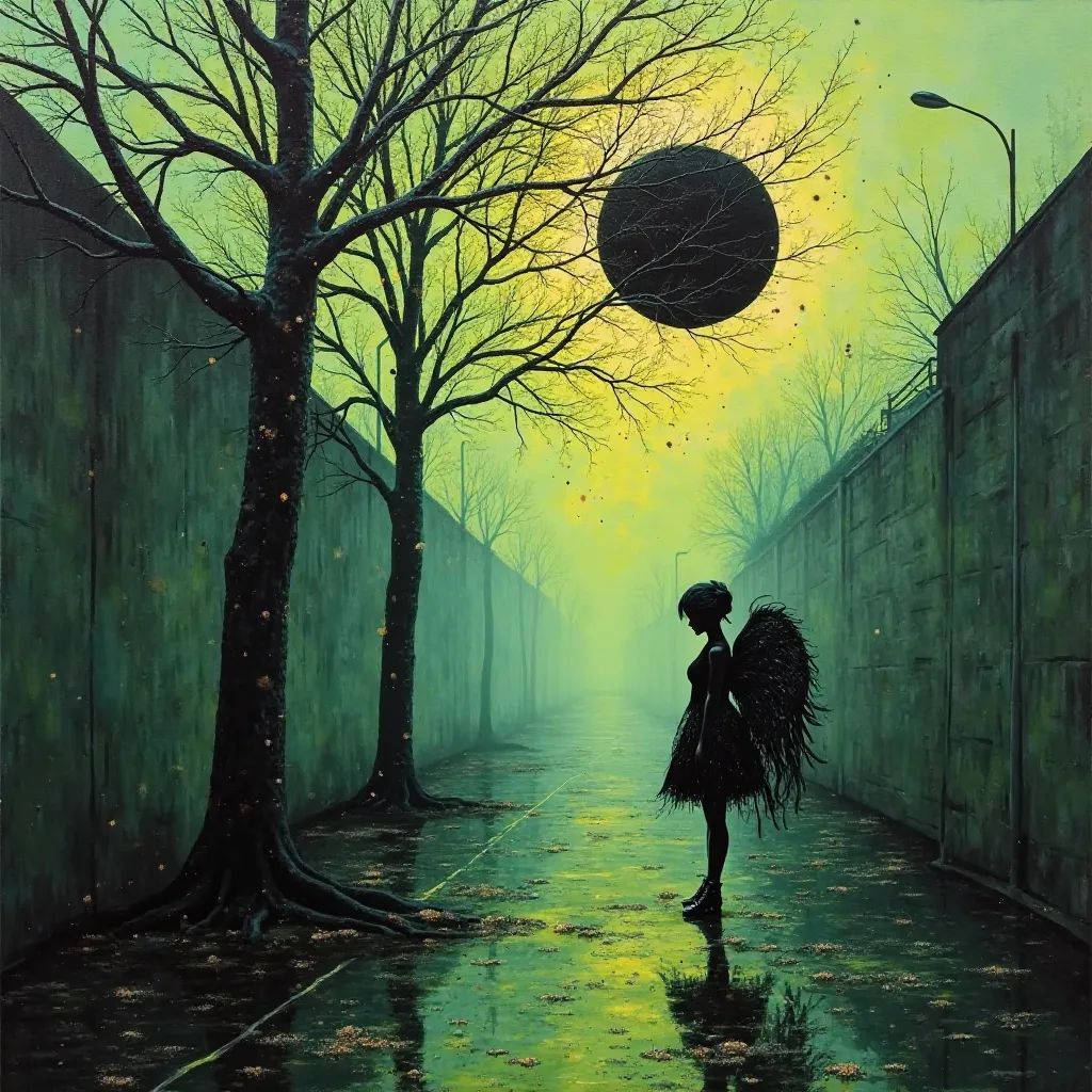 Oil-painting canvas Splatters dark fading neo-gothic dressed black hair and very pale skin angel geisha deployed wings wearing enormous black and strass shoes looking at a black tree in the middle of the street wall fading into the street in and out black ...