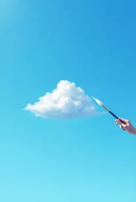magical brush painting single white cloud, pristine azure sky, brush tip touching empty blue canvas, white paint swirling into delicate cloud shape, floating brush stroke, solitary cloud formation, pure blue background, elegant brush movement,