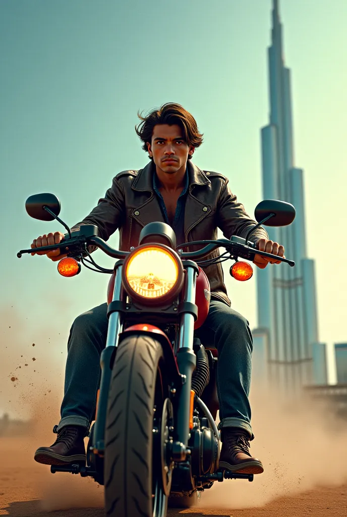 A dark-skinned young man with medium-length hair riding a Harley bike and behind him is Burj Khalifa 