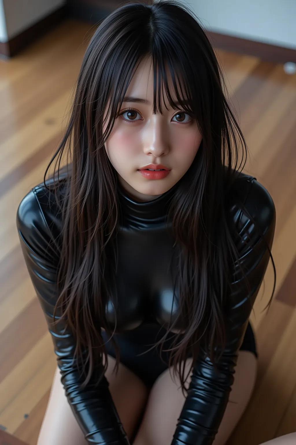  high quality , This photo shows、 showing a Japanese woman with long hair  。,  black straight hair  , beautiful Japanese girl,  tight ,  thin black shiny pantyhose  ,  black latex bodysuit, I'm going to take my butt off while showing the crop type of .   L...