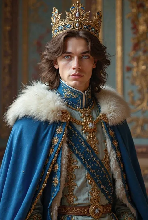  brown-haired,  with blue eyes, a young man wearing a blue cape, wearing a white and large crown