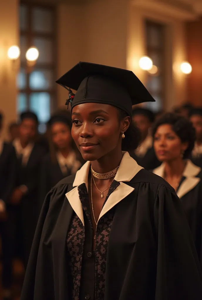 Un monde académique remplie de professeurs en toge et tous africains et dans une grande soirée et salle, toge noir et chapeau de professeurs des universités, trois femmes noires chef de travaux dans cette foule, des jeunes, des jeunes 