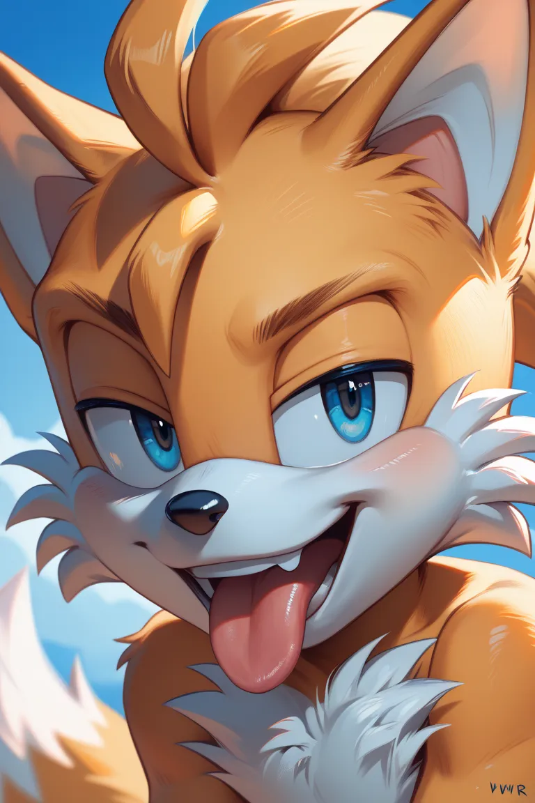 Tails the fox from sonic the hedgehog, Miles Prower, blue eyes, yellow fur, male, open mouth with tongue hanging out, close-up of mouth, smirking, short, skinny, looking at viewer, close-up face, at the roller coaster