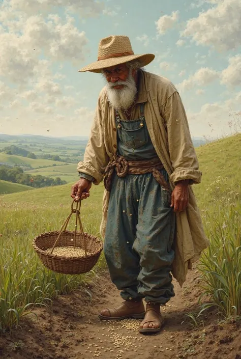 **Farmer**: A humble figure sowing seeds with a basket.  