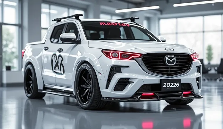 3D render of a heavily modified ( 2026 Mazda scrum truck)in (white )colour, (front view) The car features , ultra-high-detail glossy and shiny modifications, including sleek add-ons. The (2026 logo is prominently displayed on , the (lights) are glowing red...