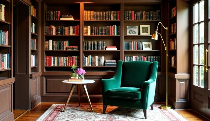 A luxurious reading nook nestled inside a home library with floor-to-ceiling bookshelves. A deep green velvet club chair sits in front of a marble-topped side table, surrounded by ambient lighting from a brass arc lamp. Ensure there’s space for displaying ...