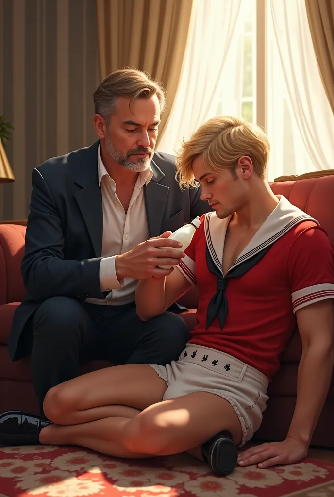 Warm light, realistic. In a rich living room a well-dressed 45-year-old man is sitting on the sofa, feeding a bottle of milk to a handsome   adult 30-year-old man blond wavy sitting on the rug with his legs spread, dressed in a bonnet, a red V-neck sailor ...