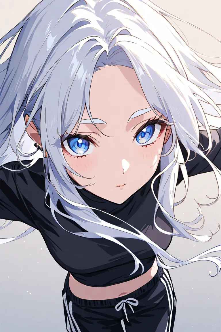 The picture shows a full-length anime girl. girl with long white flowing hair,open-forehead ,  white eyebrows ,  Blue eyes ;  in a very short tight black top and loose sweatpants of the same color.