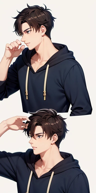 Anime style. Ethan Hayes, 24 years old with dark brown, slightly messy hair and hazel eyes. His casual style—navy hoodie. Ethan’s presence, both gentle and playful. Photo profile. He's handsome, mainly, cheeky and playful.