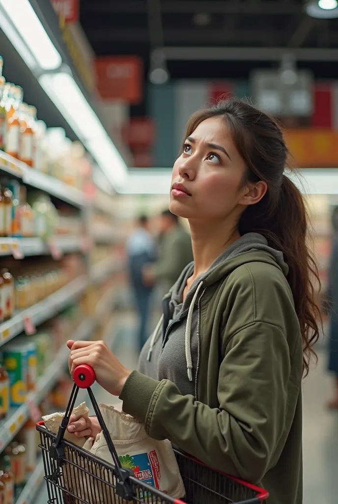 A highly realistic and detailed image of a person in a supermarket, looking at food prices with a desperate and shocked expression. Their eyes are wide open, eyebrows raised, and mouth slightly open in disbelief. They are holding a shopping basket or cart ...