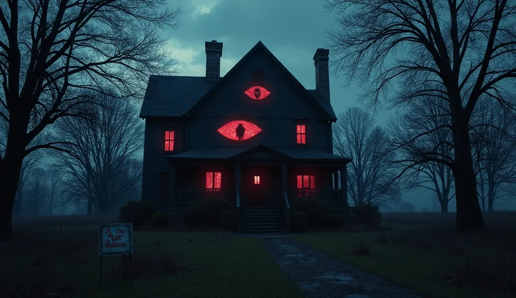 "A large, ominous house with glowing red windows in the shape of eyes, standing against a dark, cloudy night sky. The house has an eerie, unnatural glow, and a spectral figure is faintly visible in the upper window. The surrounding trees seem to bend unnat...