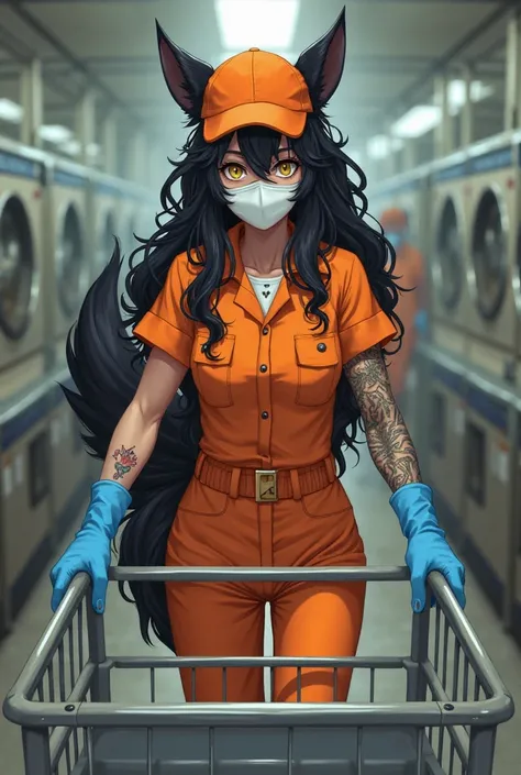 adult female prisoner, long black curly hair, black fox ear, black fox tail, no human ears, scar on her face, yellow eyes, orange prisoner jumpsuit, orange trousers, white mask, orange baseball cap, blue rubber gloves, full tattoo on her arms, muscle, dark...