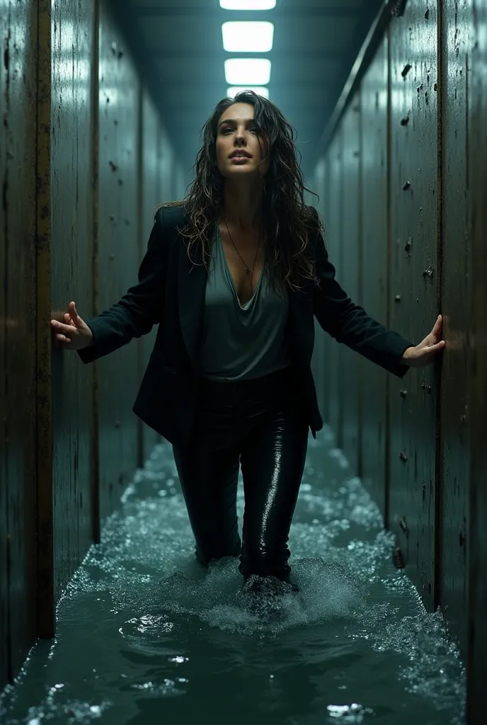 The walls press dangerously close to the woman’s body, squeezing her in place as the cold water rises past her belly. Her soaked black pants cling to her legs, and her grey tank top is drenched, revealing the outline of her form beneath the open, heavy bla...