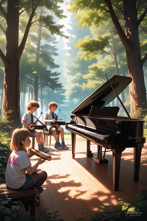 Please draw a few adults and ren playing a concert with various instruments at a concert hall in the woods