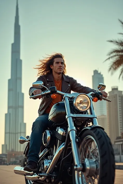 A long-haired young man riding a Harley bike with Burj Khalifa behind him