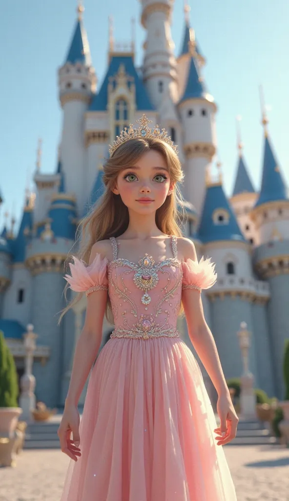 Beautiful cute princess of 18 (white skin. Green eyes.light pink colordress . Crown on head standing infornt of castel(blue and white) HD. Realistic. High details