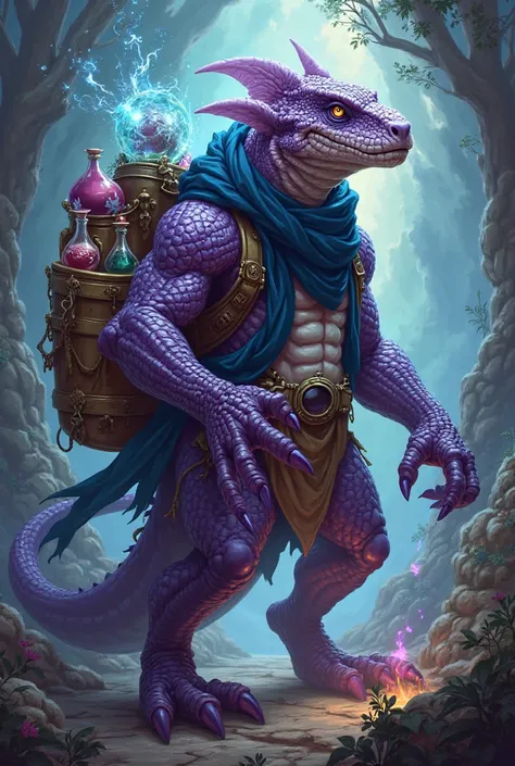 A young tall mature purple lizardman with dark blue scarf wearing backpack full potions wearing alchemist goggles. 2d artstyle 