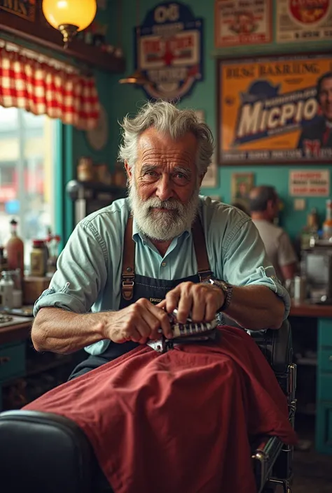 Old man working barber with bright background  