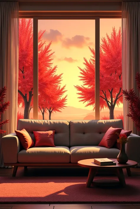 There's a sofa and a table inside of the house. The sofa is facing toward me. The house is clean. We can see red tress with orange sky through the window. 