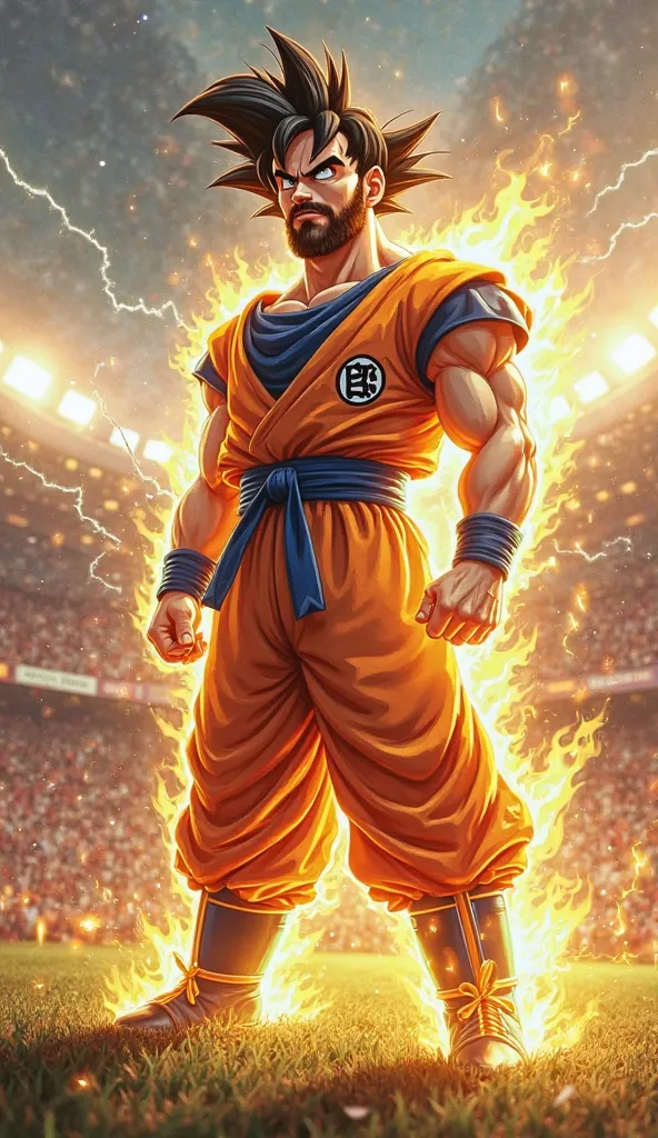 "A hybrid character between Goku from Dragon Ball and Lionel Messi. He has the muscular and defined physique of Goku, but retains the facial features of Messi, including his well-trimmed beard and hair brown with golden reflections. His expression is deter...