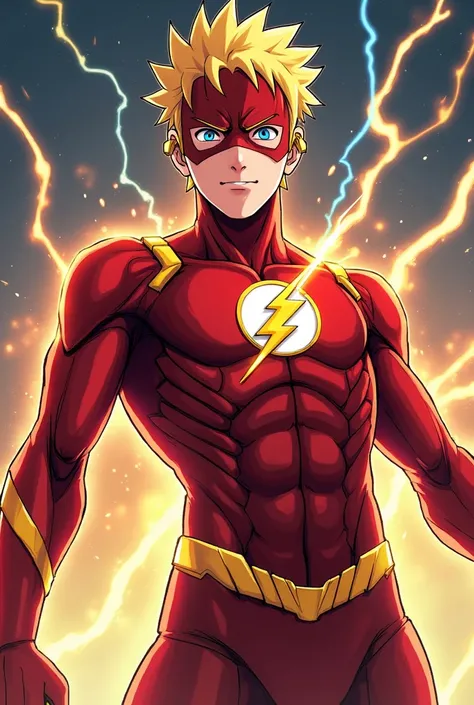 Create a highly detailed anime-style illustration of Minato Namikaze (from Naruto) wearing The Flash's suit from the 2023 movie. Minato should have his signature spiky blonde hair and a confident expression, with his face fully visible (no mask). The suit ...