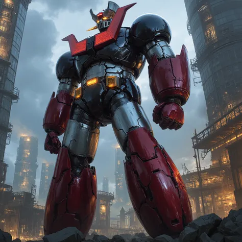   remodeled Mazinger Z  ,   is 100 meters tall .   steel  ,    Carbon Fiber   ,    Other industrial elements are also visible   ,   just like the real thing   ,    The top of a high-rise tower that emits high light is constructed with modern materials such...