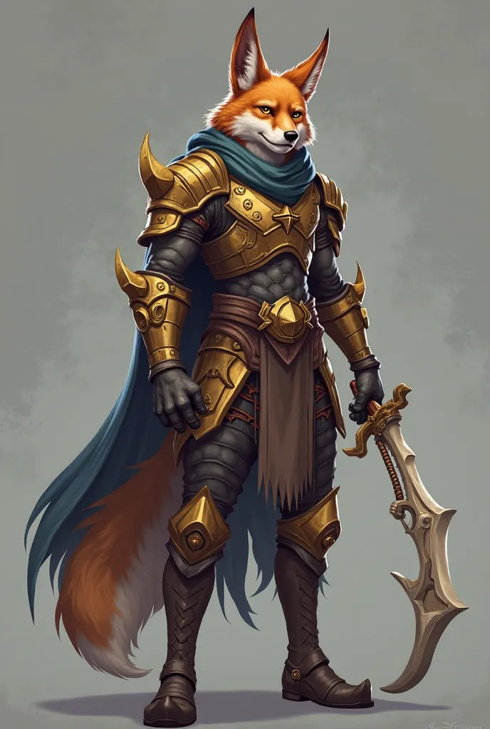 Game character, in the style of League of legends.Coyote and human mix character. His head is human but his ears are coyote ears. Get the character a suit of armor and a weapon from a bone chain.Please let the head be a human head. MALE CHARACTER